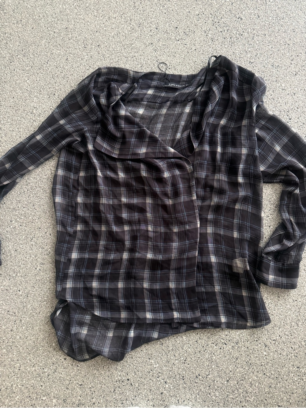 Zara Plaid Sheer High Low Blue Blouse